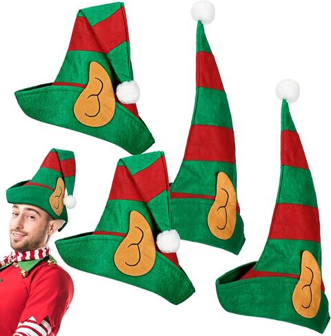 Funtery 4 Pcs Christmas Elf Hat with Ears Red and Green Elf Hats for Women Kids Adults Christmas Holiday Costume Accessory in Saudi Arabia