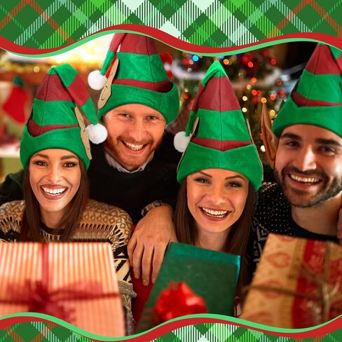 Funtery 4 Pcs Christmas Elf Hat with Ears Red and Green Elf Hats for Women Kids Adults Christmas Holiday Costume Accessory in Saudi Arabia