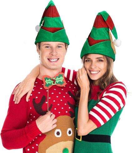 Funtery 4 Pcs Christmas Elf Hat with Ears Red and Green Elf Hats for Women Kids Adults Christmas Holiday Costume Accessory in Saudi Arabia
