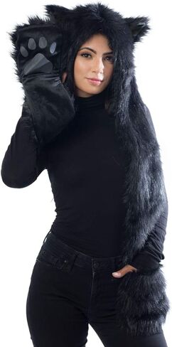 Black Cat Halloween Costume Panther Animal Hat Hood, Mittens Gloves Scarf, Faux Fur, Ears and Paws in Kuwait