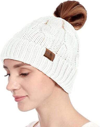 Rosoz Ponytail Beanie for Women,Winter Warm Beanie Tail Soft Stretch Cable Knit Messy High Bun Hat in Kuwait