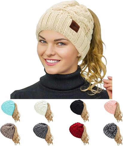 Rosoz Ponytail Beanie for Women,Winter Warm Beanie Tail Soft Stretch Cable Knit Messy High Bun Hat in Kuwait