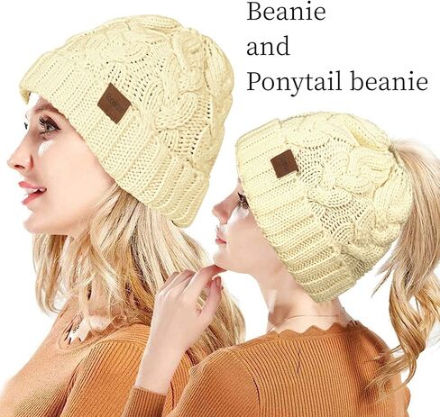 Rosoz Ponytail Beanie for Women,Winter Warm Beanie Tail Soft Stretch Cable Knit Messy High Bun Hat in Kuwait