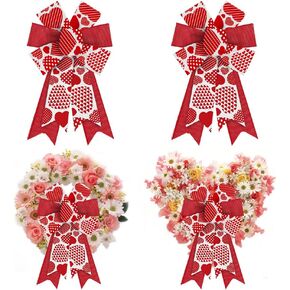 ABTOLS 2PCS Valentine's Day Bows for Wreath, Red Heart Wreath Bows Valentine Pink Bows for Front Door, Wedding Romance Love XOXO Burlap Ornament Tree Topper Bows for Anniversary Indoor Outdoor Decor