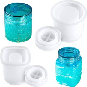 NiArt Epoxy Resin Casting Soft Silicone Mold Wide Mouth Screw-On Cap Bottles (Cuboid+Straight-Sided Cylinder), DIY Art Craft Multipurpose Home Lid Storage Container Jewelry Jar Holiday Decoration in Kuwait