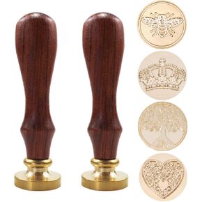مجموعة طوابع ختم الشمع، فانكنونو 4 قطع طوابع شمع ختم أختام نحاسية + 2 قطعة مقبض خشبي، مجموعة ختم الشمع الرجعية العتيقة لأظرف البطاقات، والدعوات، وحزم النبيذ (التاج، شجرة الحياة، الحب، النحل) in Kuwait