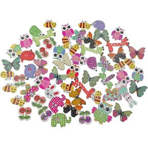 Kinteshun Wooden Buttons Natural Wood 2-Holed Fastener Buttons for Sewing Knitting Handcraft(100pcs,Assorted Cartoon Animals Printing Patterns) in Kuwait