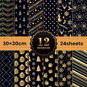 12'' x 12'' Christmas Scrapbook Paper Pad, 24 Sheets Double-Sided Black Gold Decorative Craft Paper Xmas Tree Snowflake Pattern Holiday Cardstock for Card Making Album Origami