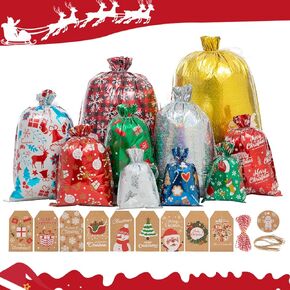 أكياس هدايا عيد الميلاد من سينتيريا - 52 قطعة من أكياس هدايا عيد الميلاد مع رباط لتغليف هدايا عيد الميلاد مع أربطة شريطية وعلامات عيد الميلاد (حجم كبير ومتوسط ​​وصغير) in Kuwait