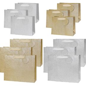 PAPER FAIR 12PCS Metallic Gold Sliver Glitter Champagne Wine Gift Bags Bulk with Gift Tags, Embossed Ribbon Handle Bottle Paper Tote, for Holidays Christmas New Year Gift Packing Decor, Wedding