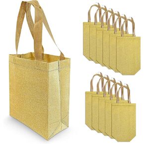 OccasionALL Gold Gift Bags, Medium Reusable Christmas Totes with Handles, Holiday Glitter Wrap, Shopping, Birthdays, Events, Bulk, 8x4x10 12 Pack