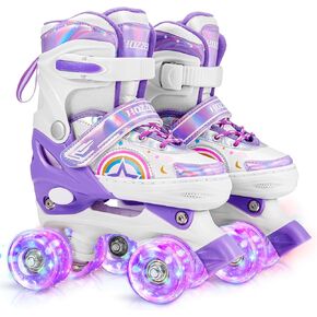 Hozzen Girls Roller Skates for Kids Boys Girls, 4 Size Adjustable Light Up Roller Skates for Kids, with 8 Light UP Wheels, Rainbow Unicorn Roller Skates for Toddlers Beginner Kids (9C-6Y S M L)