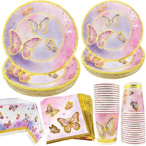 Butterfly Party Decorations ,121Pcs Butterfly Plates and Napkins Tableware Set for 30 Guests Birthday Party and Girl Baby Shower Butterfly Theme Party Decorations with Butterfly Tablecloth Plastic in Kuwait