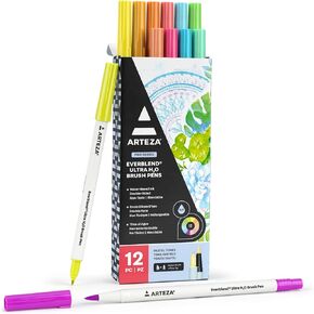 ARTEZA Dual Tip Brush Pens, 12 Pastel Colors, Watercolor Calligraphy Markers, Nylon Brush and Fine Tip, Water-Based Ink, for Illustration, Lettering