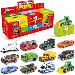 Diecast Toy Cars Set for 3 4 5 6 7 8 Year Old Boys, 12 Pack Mini Metal Cars 1/64, 12 Theme in one Set Blind Box Edition- Include Farm, Space Ship, Truck for Children Birthday Party Decor Gifts