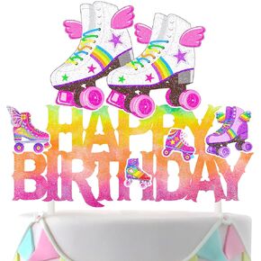 Roller Skating Happy Birthday Cake Topper Rolling Skate Birthday Party Decorations Glitter Retro Rolling Skates Cake Picks for Girls Hip Hop Roller Skate Theme Birthday Party Baby Shower Supplies