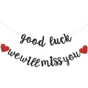 BEISHIDA Black Good Luck We Will Miss You Banner,Pre-Strung Glitter Retirement Party Sign Garland,Going Away Farewell Party Decorations, Graduation Party Supplies (No DIY）