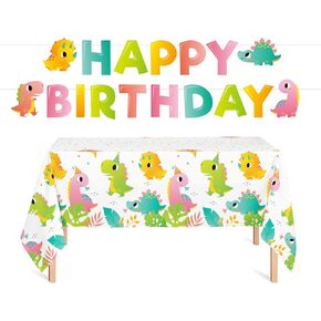 4 pc Girls Dinosaur Table Cover & Happy Birthday Letter Banner Value Party Pack Size: 54" x 108" Kids Birthday Party Dinosaur Theme party Supplies in Kuwait