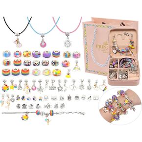 مجموعة صنع الاساور بدلايات للبنات، خرز بتصميم قوس قزح وحيد القرن مع صندوق منظم زهري للهدايا للبنات المراهقات من سن 5-12 سنة in Kuwait