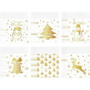 والين 300 قطعة من اكياس سيلوفان الكريسماس ذاتية اللصق من رقائق معدنية ذهبية لشجرة الكريسماس سانتا ورجل الثلج والرنة والحلوى، اكياس بلاستيكية لمستلزمات حفلات الكريسماس وتغليف الهدايا الحرفية in Kuwait