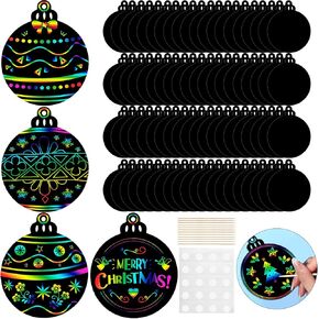Yeaqee 80 Pieces Christmas Ornament Scratch Cards Rainbow Xmas Scratch Paper for Kids DIY Christmas Ornaments with Wooden Stick and Ribbon for Winter Xmas Home Classroom DIY Activities in Kuwait