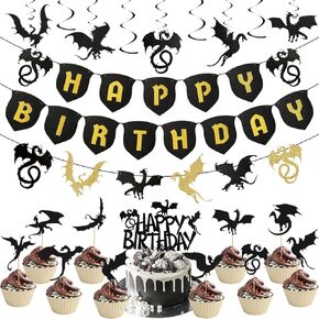 Zonon 44 Pieces Dragon Party Supplies New Year Dragon Theme Cake Decoration Happy Birthday Hanging Banner Swirls Cupcake Toppers Set for Dragon Theme Birthday Party Supplies in Kuwait