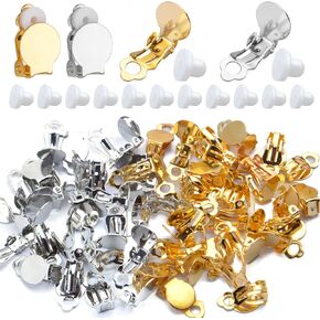 50pcs Round Flat Back Tray Earring Clips Non Pierced Earring Components and 50pcs Soft Cushion for DIY Earrings Jewelry Making,Silver