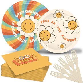 98 Pieces Boho Rainbow Birthday Party Supplies Baby Girl 1st Birthday Tableware Set Dessert Plate Napkins Forks Paper Dinnerware for 24 Guests Baby Shower Favors