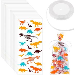 Outus 100 Pieces Dinosaur Cellophane Bags Clear Dinosaur Skeleton Bags Party Favors Bags with A Roll of Ribbon for Chocolate Candy Snacks Cookies Dinosaur Themed Party Supplies (Mixed Colors) in Saudi Arabia