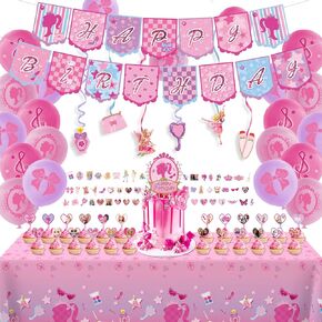 CAILESS Pink Party Decorations - Pink Girls Birthday Party Decorations 101Pcs Included Included Princess Theme Banner Tablecloth Cake Toppers 12'' Balloon Swirls Decor and Stickers for Girls Party in Kuwait