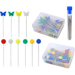 إبر خياطة العين الكبيرة ودبابيس الخياطة من HengKe، دبابيس مستقيمة ذات رأس مسطح مع رؤوس ملونة على شكل فراشة وزهرة، مجموعة دبابيس خياطة بإبرة مطرزة من الجلد (30 إبرة، 200 دبابيس مسطحة) in Kuwait