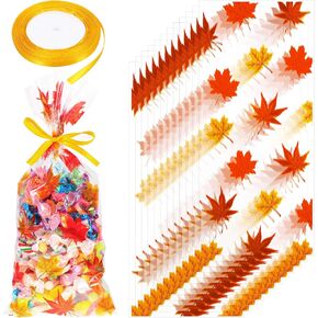 100 Pieces Fall Cellophane Bags Thanksgiving Halloween Party Favor Maple Leaf Cello Autumn Treat Bags with A Roll of Orange Ribbon for Chocolate Candy Cookies and Snacks in Saudi Arabia
