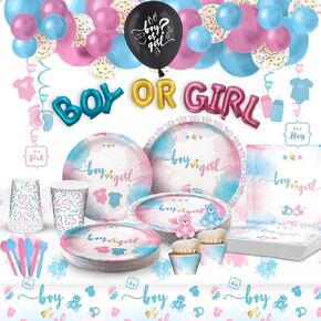 ماي جريكا لوازم حفلات الكشف عن جنس المولود (تكفي 20 قطعة) - ديكورات الكشف عن جنس المولود - بالونات بقصاصات ورقية واطباق واكواب واغطية كب كيك ولافتة عيد ميلاد سعيد ومفرش طاولة ومجموعة اكليل البالونات. in Kuwait