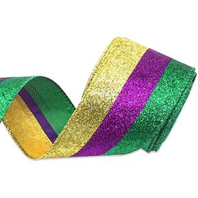 Hying Mardi Gras Ribbons for Wreath Bows, 2.5"×10 Yards Fat Tuesday Wired Edge Ribbons Glitter Gold Purple Green Ribbons for Crafting New Orleans Carnival Party Decoration Supplies