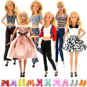 16 PCS Clothes and Accessories for 11.5 inch Doll Including 6 Casual Wear Outfits ( 4 Tops 4 Pants and 2 Dress 1 Coat ) and 10 Pair of Stylish Shoes in Random Girls Birthday