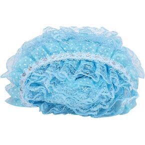 5 Yards Embroidered Lace Trim, 45mm Printing Dots Pleated Trim Mesh, DIY Lace Craft, for Sewing, Gift Wrapping, Hair Bow Making(Blue)
