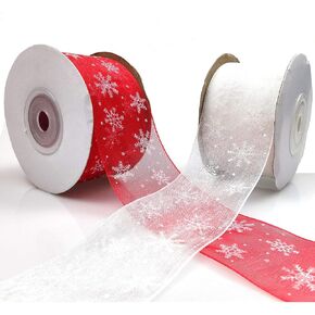 1.6 بوصة عرض من الساتان الأبيض والأحمر مع رقائق الثلج البيضاء لعيد الميلاد لتزيين حفلات الكريسماس، تغليف الهدايا 2 لفة 50.3 ياردة (46 م) in Kuwait