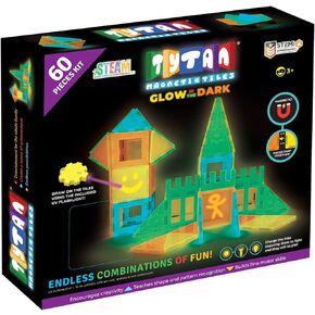 تيتان مجموعة بناء بلاط مغناطيسي تتوهج في الظلام مكونة من 60 قطعة، اشكال متنوعة متعددة الالوان، لعبة ستيم، سيارات، لعب ابداعي، شنطة تخزين وسلسلة مفاتيح ومصباح يدوي بالاشعة فوق البنفسجية للرسم على in Kuwait