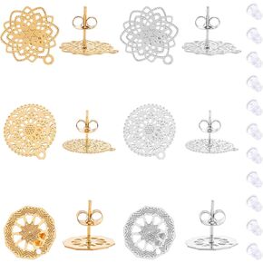 UNICRAFTALE About 24pcs Bohemian Stud Earring with Loop Stainless Steel Filigree Hollow Ear Stud Component with Stoppers Ear Nuts 0.7mm Pin Earring Posts for Jewelry Making