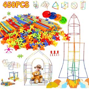 Creative Straw STEM Building Toys 450Pcs Aged for 3 4 5 6 7+ Preschool Kids Constructor Toy Thin Tube Toy DIY Educational Interlocking Plastic Engineering Toys Kit for Boys and Girls Gift
