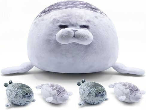 وسادة فخمة من BRAUDREW Chubby Seal مع 4 أطفال محبوبين في بطنها، لعبة حيوانات محشوة على شكل المحيط للأطفال من BRAUDREW in Kuwait