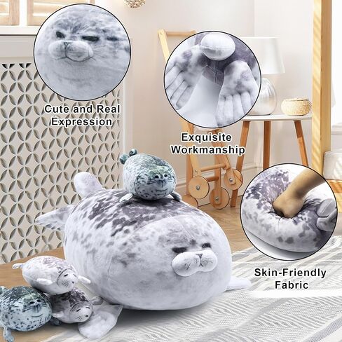 وسادة فخمة من BRAUDREW Chubby Seal مع 4 أطفال محبوبين في بطنها، لعبة حيوانات محشوة على شكل المحيط للأطفال من BRAUDREW in Kuwait