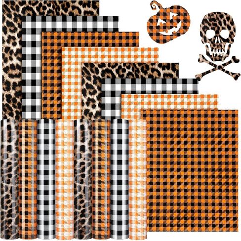 8 ورقات منقوشة بالكي على الفينيل منقوشة بجاموس الهالوين HTV الخريف متنوعة بنمط الفهد، حديد على الفينيل لحفلات الهالوين التنكرية مع نمط الخفافيش اليقطين 12 × 10 بوصة (أحمر، أبيض-أسود، برتقالي، ليوبارد) in Kuwait