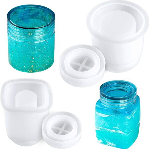 NiArt Epoxy Resin Casting Soft Silicone Mold Wide Mouth Screw-On Cap Bottles (Cuboid+Straight-Sided Cylinder), DIY Art Craft Multipurpose Home Lid Storage Container Jewelry Jar Holiday Decoration in Kuwait