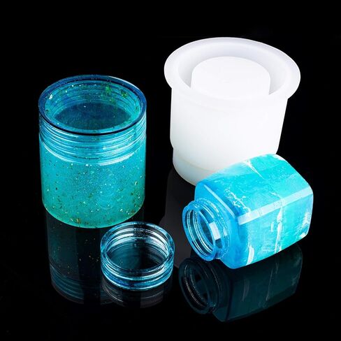 NiArt Epoxy Resin Casting Soft Silicone Mold Wide Mouth Screw-On Cap Bottles (Cuboid+Straight-Sided Cylinder), DIY Art Craft Multipurpose Home Lid Storage Container Jewelry Jar Holiday Decoration in Kuwait