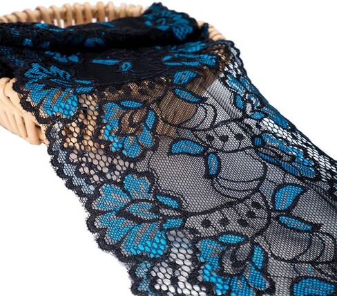 قماش عريض عريض بحواف مطاطية من الدانتيل بنمط زهور باللونين الاسود والازرق بطول 5 ياردة in Kuwait