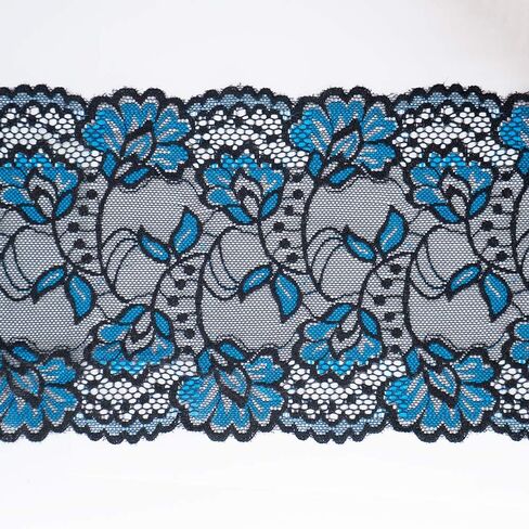 قماش عريض عريض بحواف مطاطية من الدانتيل بنمط زهور باللونين الاسود والازرق بطول 5 ياردة in Kuwait