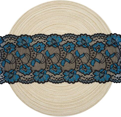 قماش عريض عريض بحواف مطاطية من الدانتيل بنمط زهور باللونين الاسود والازرق بطول 5 ياردة in Kuwait