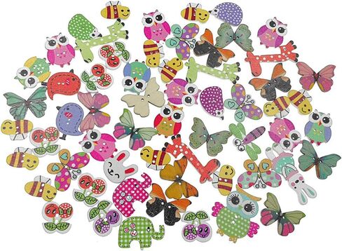Kinteshun Wooden Buttons Natural Wood 2-Holed Fastener Buttons for Sewing Knitting Handcraft(100pcs,Assorted Cartoon Animals Printing Patterns) in Kuwait