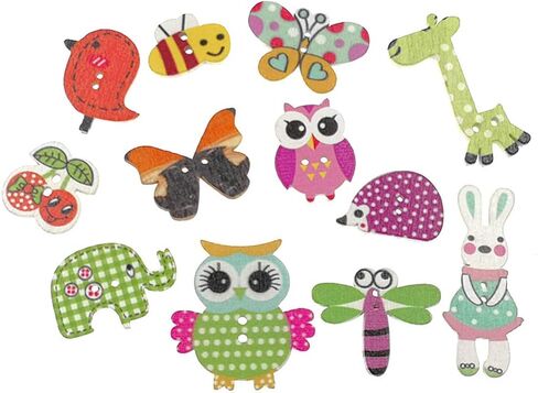 Kinteshun Wooden Buttons Natural Wood 2-Holed Fastener Buttons for Sewing Knitting Handcraft(100pcs,Assorted Cartoon Animals Printing Patterns) in Kuwait